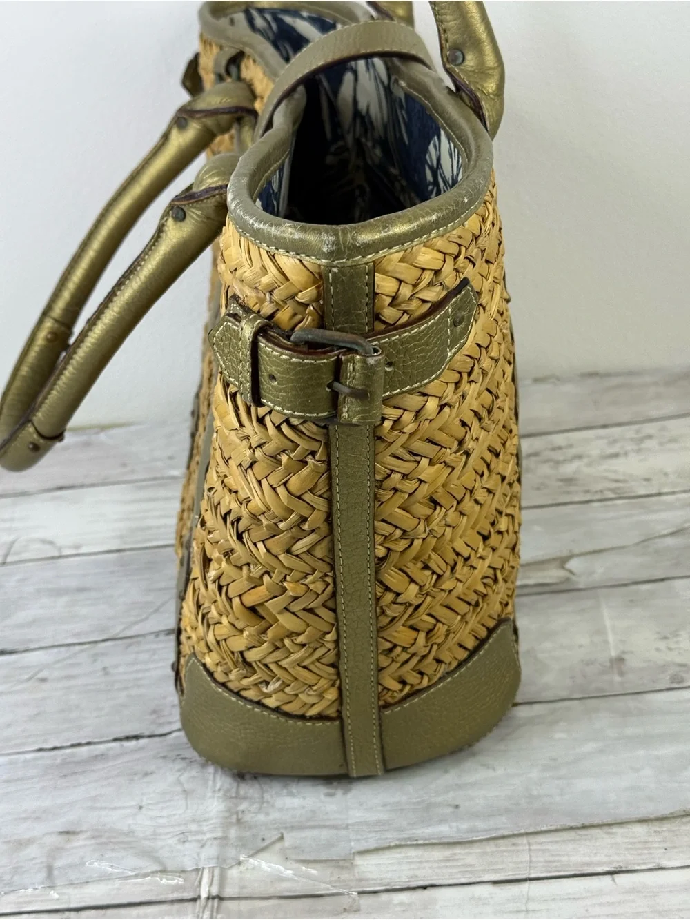 J. Crew Straw Tote with Metallic Gold Trim and Navy Interior